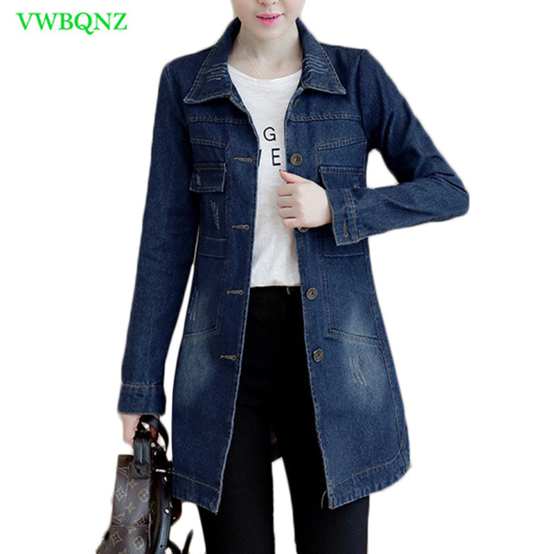 Herfst Winter Koreaanse Denim Jas Vrouwen Slanke Lange Base Coat vrouwen Verzwakte Marineblauw Plus size Jeans Jassen cool 5XL A364