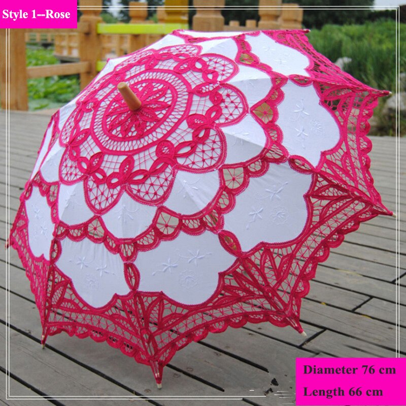 Handgemachte Stickerei Spitze Sonnenschirm Regenschirm Frauen Hochzeit Braut Foto Weiß Baumwolle Holz Griff Dekoration Regenschirm: Stil 1--Rose