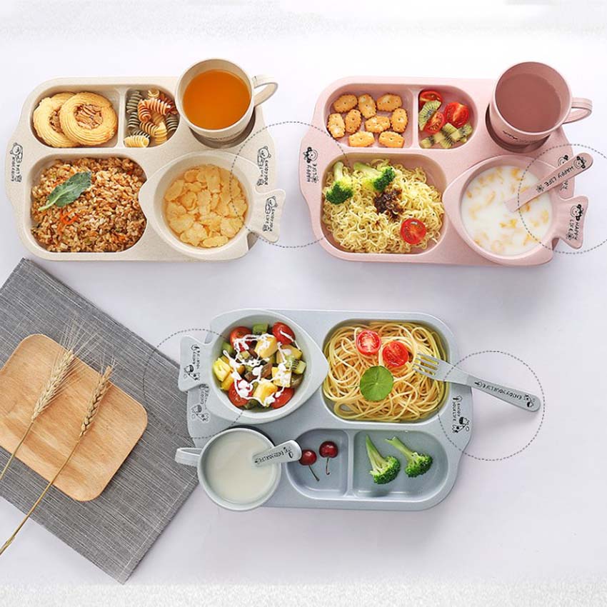 5Pcs Child Tableware Wheat Straw Sange Snack Tray with Spoon Fork Cup Skid Platter Tableware Baby Eating Supplies Beautiful Tray