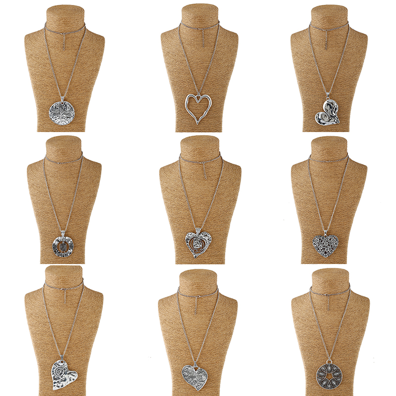 1pcs Antique Sliver Statement Large Abstract Metal Heart Pendant Long Curb Chain Lagenlook Necklace for Women