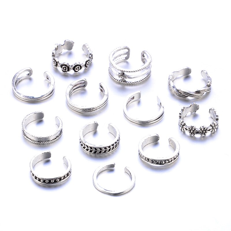 12PCs/set Simple multistyle Carved Hollow ring set for Women Foot Ring Toe Boho geometry Beach Jewelry