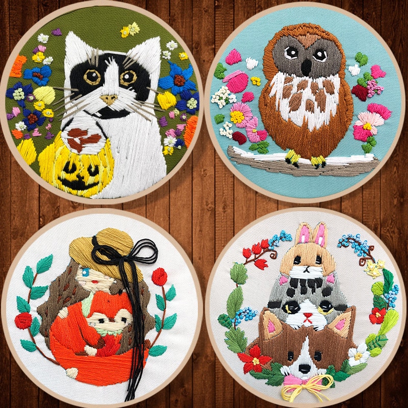 Cartoon Kat Uil Magic Diy Punch Lint Naald Borduren Kit Set Voor Beginner Handwerkpakketten Handgemaakte Breien Borduren Thuis