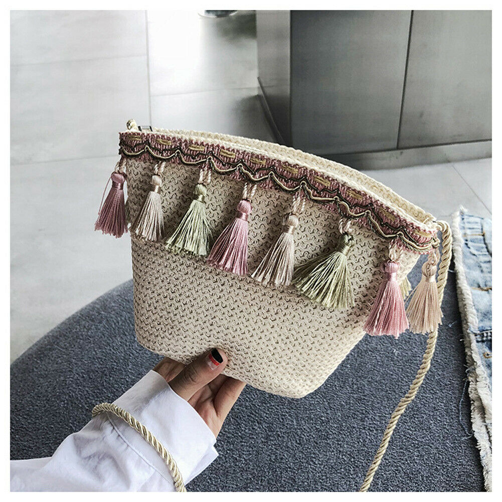 Bolso cruzado de paja de mujer a la , bolso informal pequeño de hombro con borlas, bolso de playa de verano, bolso de ratán con solapa para mujer: Beige