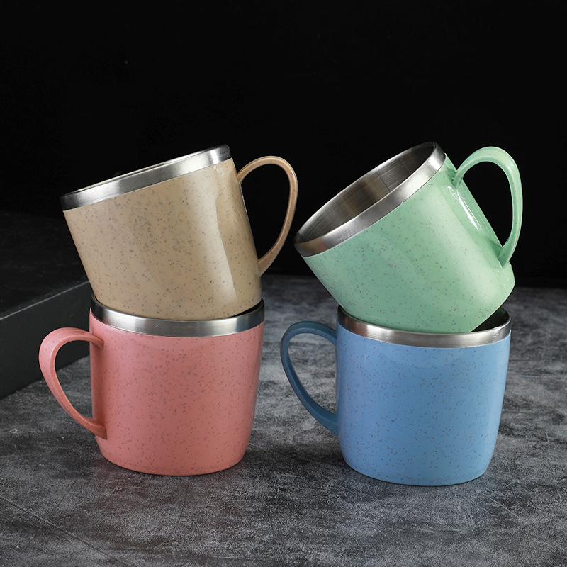Tazas de acero inoxidable antiescaldado de doble capa, mango de plástico, taza para café, leche, té, bebidas, taza de agua para el hogar y la Oficina