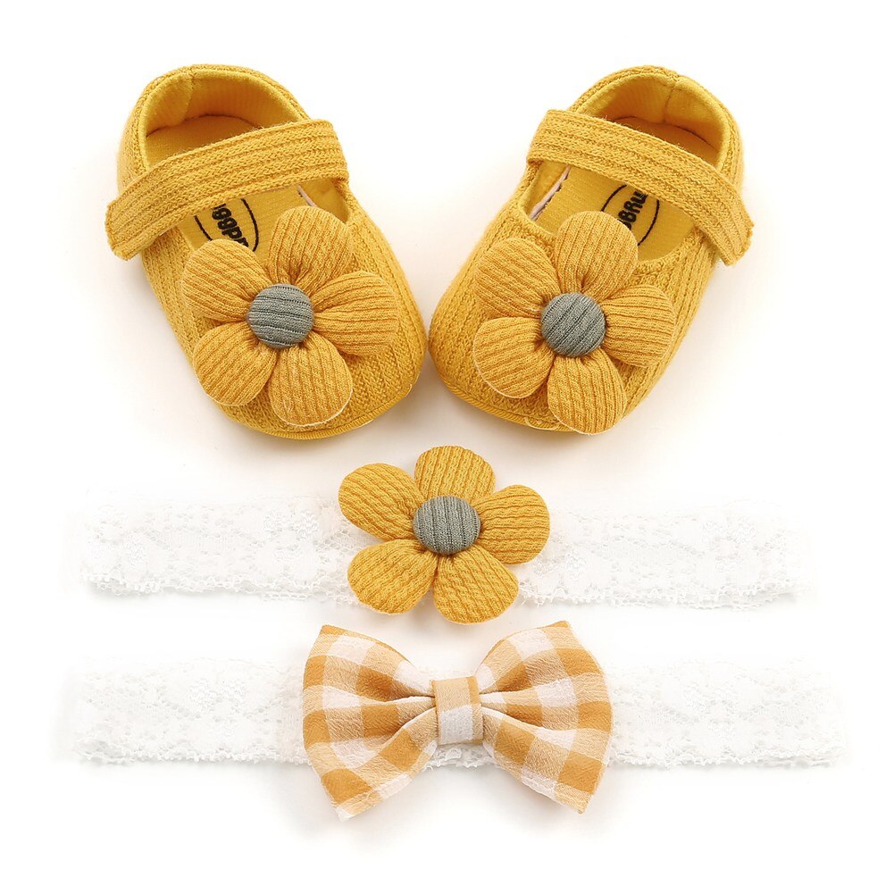 Zapatos para bebé niña de 0 a 18 meses, conjunto de lazo y Diadema Floral, suela suave de flores grandes, planos, primavera: D / 0-6 meses