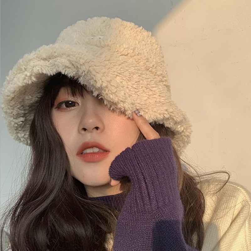 Winter Autumn Thick Warm Soft Lamb Wool Women Bucket Hat Solid Color Female Ladies Flat Top Hat Beanie Bonnet