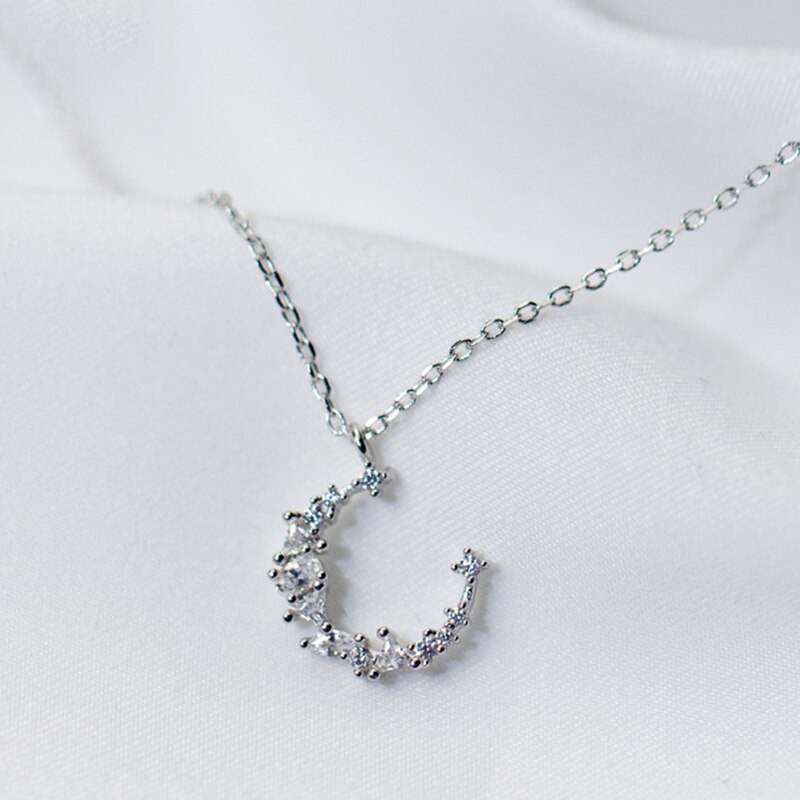 925 Sterling Zilveren Maan Vormige Hanger Ketting Voor Vrouwen Link Chain Sleutelbeen Chain Shiny Cz Ketting Sierlijke Partij Sieraden
