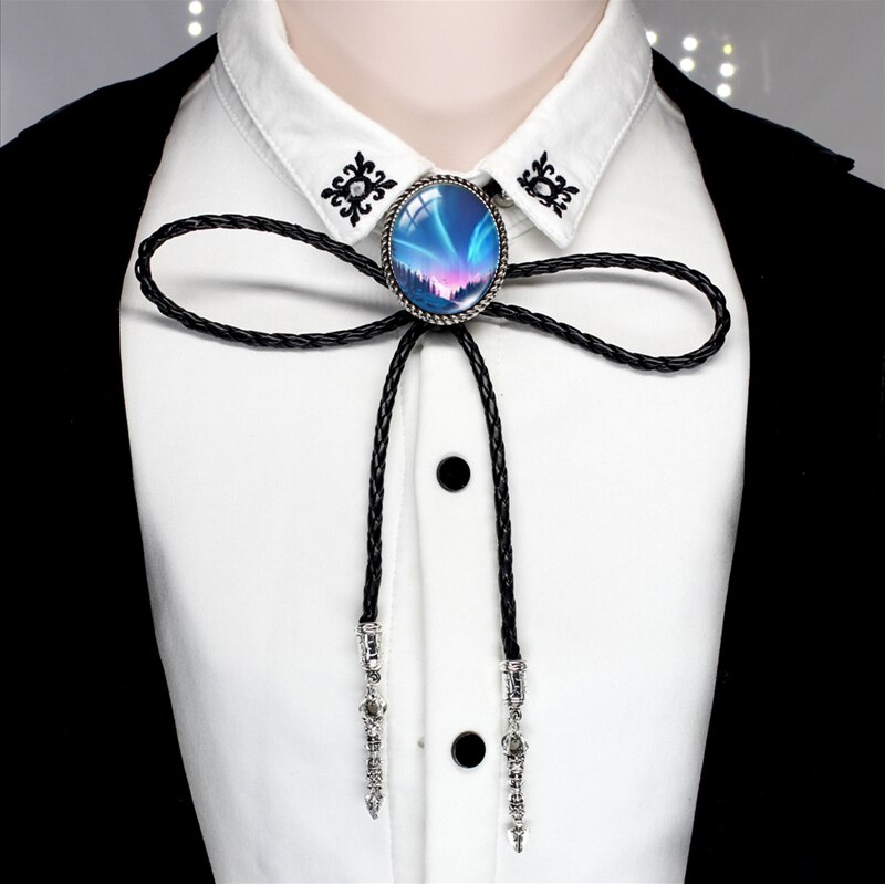 BOLO-00168 nuovo arrivo Polar Light Galaxy Nebula ovale in vetro Cabochon Western Bolo Tie Neck cravatte collana a catena in pelle: 3-2