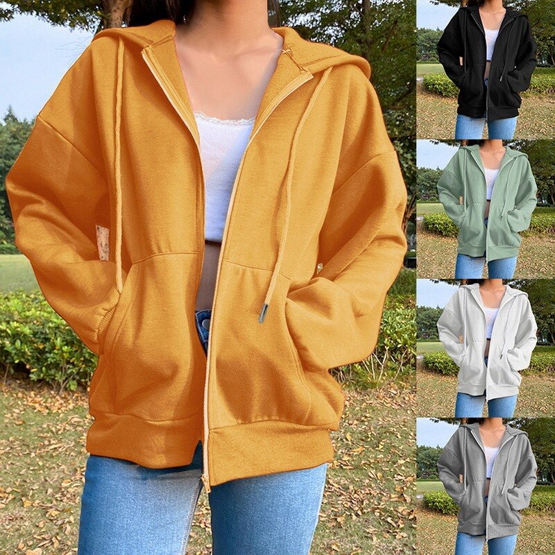Women Casual Hooded Sweater Cardigan Jacket Casual Mid-length Outdoor Sports Jogging Fitness Training Hoodie Sweatshirt