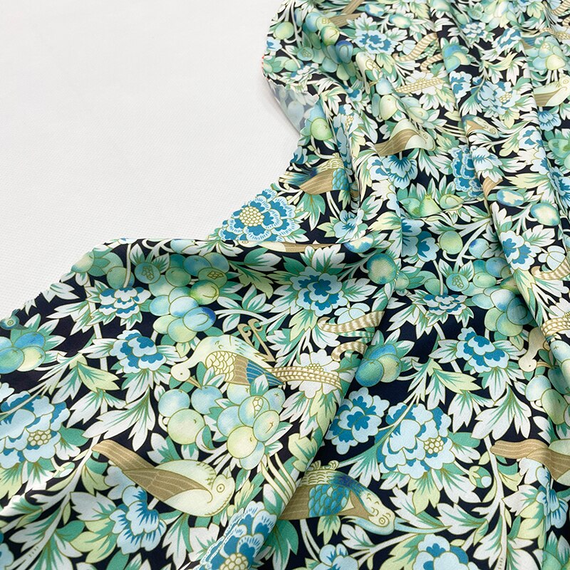 European and American Brand Summer Retro Green Flower - Bird Pattern Satin Fabric