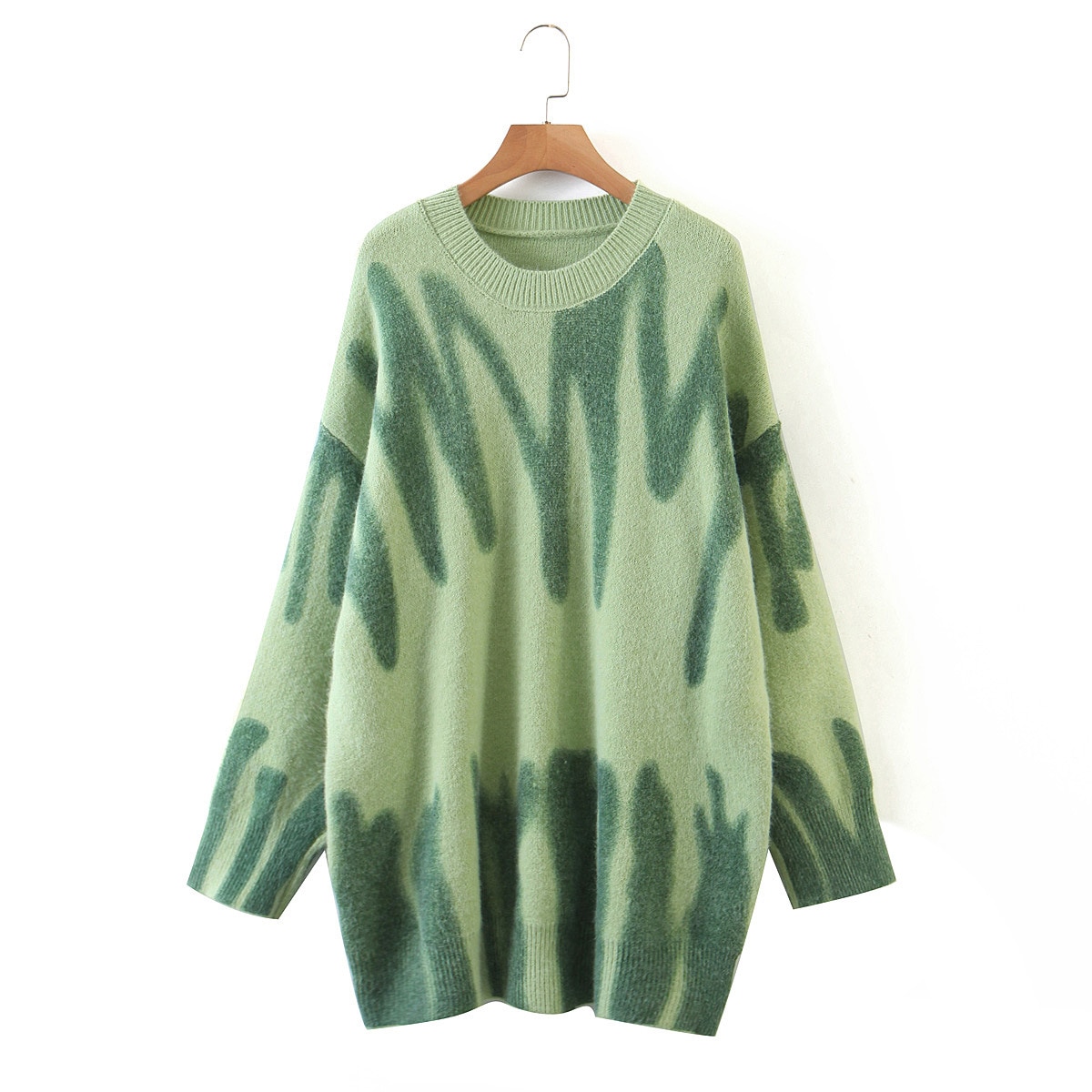 Grønn print strikket genser kvinner vintage grønn stripet genser overdimensjonerte gensere kvinner streetwear løse lange gensere sueter