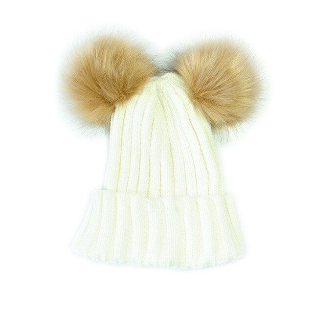 Baby børn voksne vinter varm beanie dobbelt pels pom bobble strikket hat cap: Hvid
