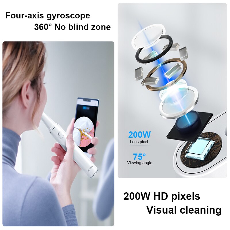 SUNUO Visual Electric Ultrasonic Teeth Cleaner 200W Endoscope Tooth Dental Scaler Rechargeable Tartar Calculus Plaque Remover