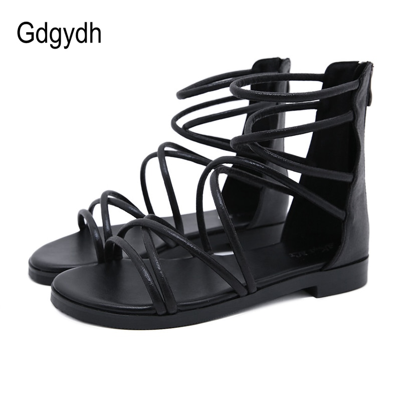 Gdgydh Cross-tied Women Flat Sandals Casual Rome Summer Shoes Gladiator Back Zipper Retro Hollow Out Free Ship