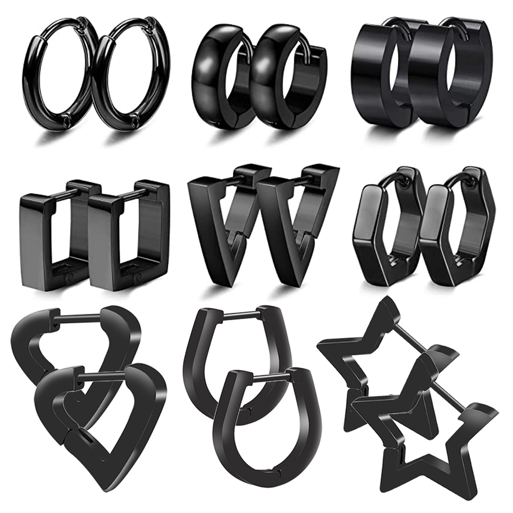 1 paire de boucles d'oreilles créoles noires en acier inoxydable pour hommes et femmes, Triangle Huggie carré rond géométrique