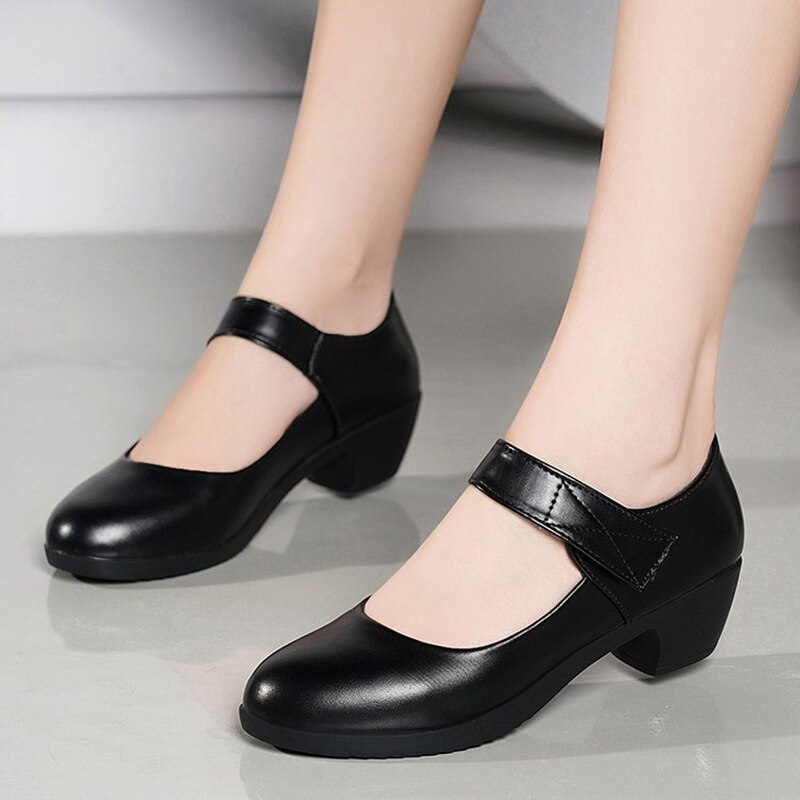 women spring leather pumps square toe casual female mary janes party shoes ladies black low heels shoes plus size