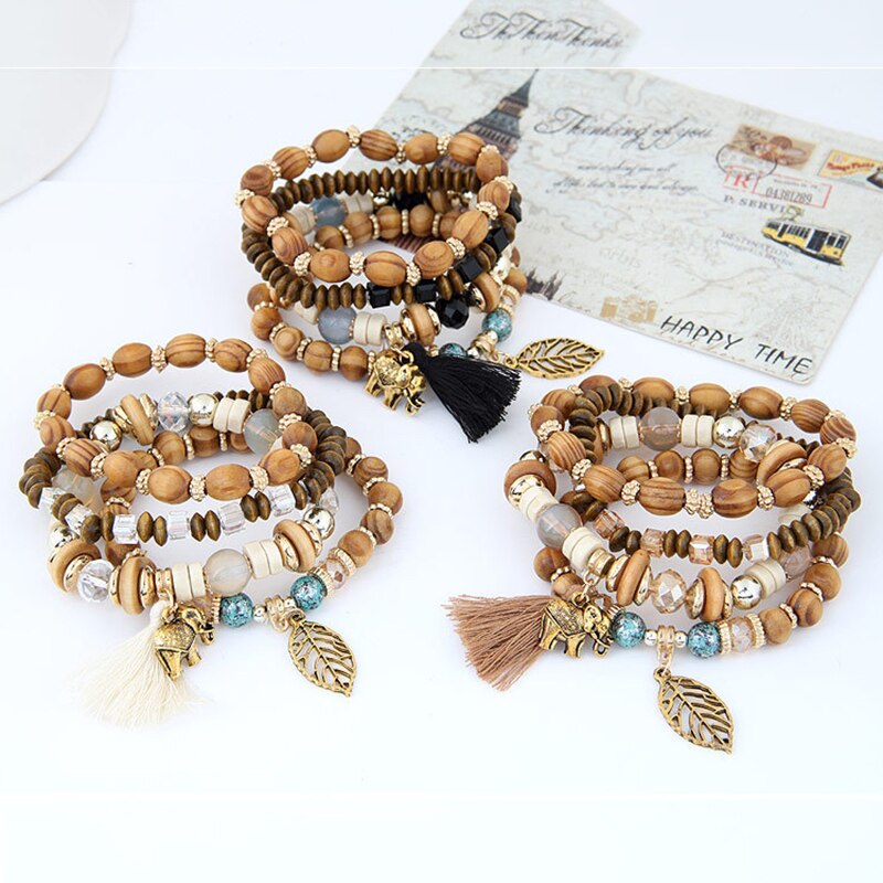 Europese en amerikaanse retro sieraden etnische log kralen kwast baby olifant blad stretch armband set vrouwelijke armband voor vrouwen