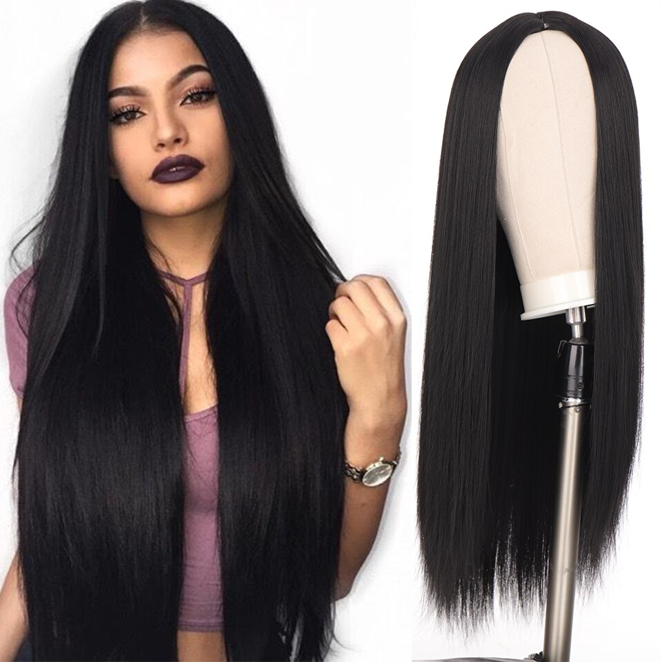 Largo SHANGKE-Peluca de pelo sintético liso para mujer, peluca de pelo liso Natural mezclado, Color de raíz oscura, degradado Natural, estilo africano y americano: Natural black