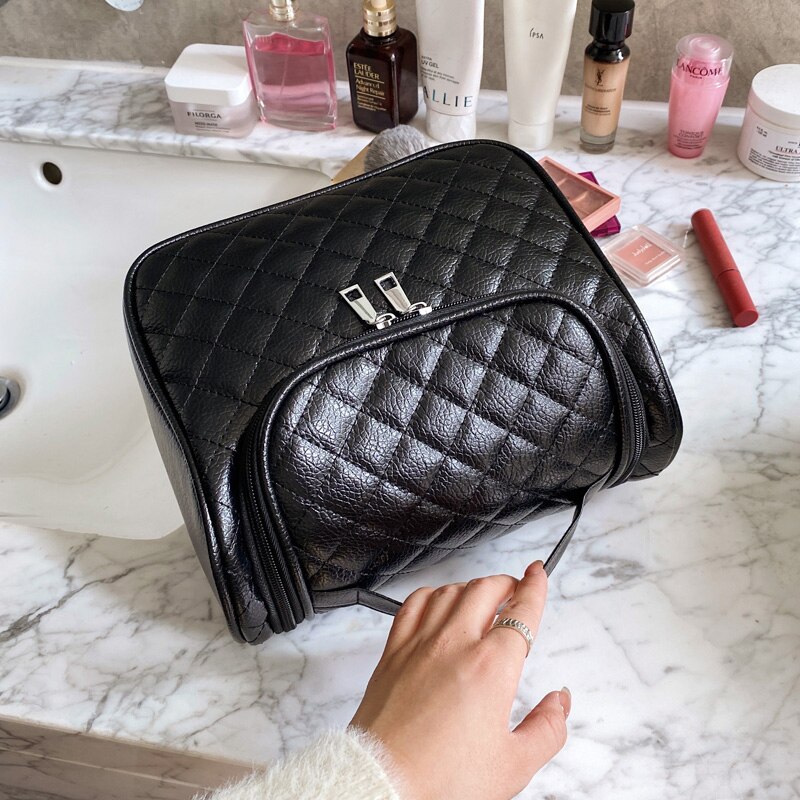 Woman Bags Plaid Handbags Trendy Cosmetic Bag Girls MakeUp Box Beauty Storage Large Pouch Black Wash Bag