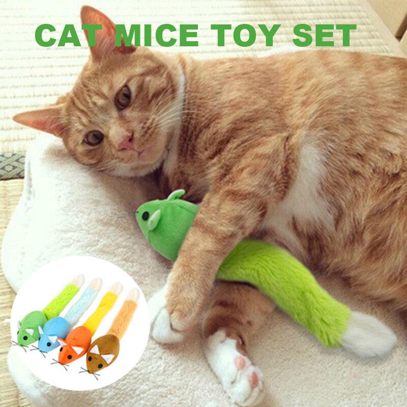 Pet Cat Toy Set Interactive Cats Teaser Toys Plush Mice with Catnips Long Tail Mouse Funny For Kitten