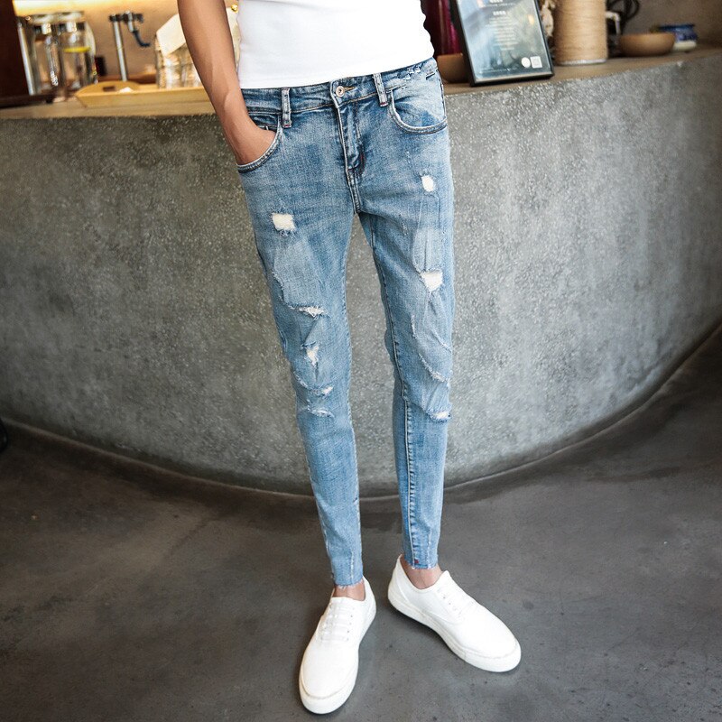 Pantalones pitillo a la para adolescentes, jeans de tobillo rasgados de pies pequeños para hombres, pantalones ajustados de espíritu social para chico y mengero, ,