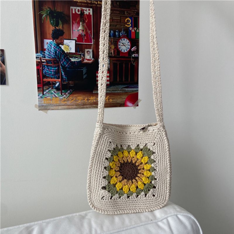 Women Sunflower Shoulder Bag Ladies Knitted Square Summer Crossbody Tote 517D