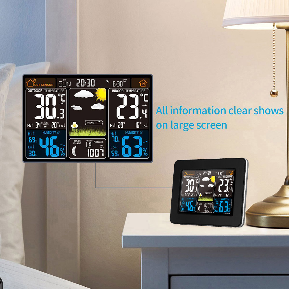 Weather Station Multi-Function Digital Clock Temperature Humidity Sensor Alarm ClockMoon Phase Desk Table LCD Alarm Clock