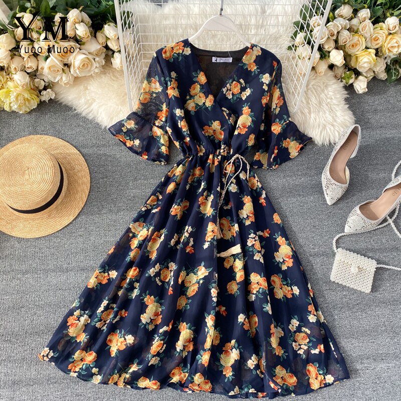 YuooMuoo Women Chiffon Dress Summer Flower Drawstr... – Grandado