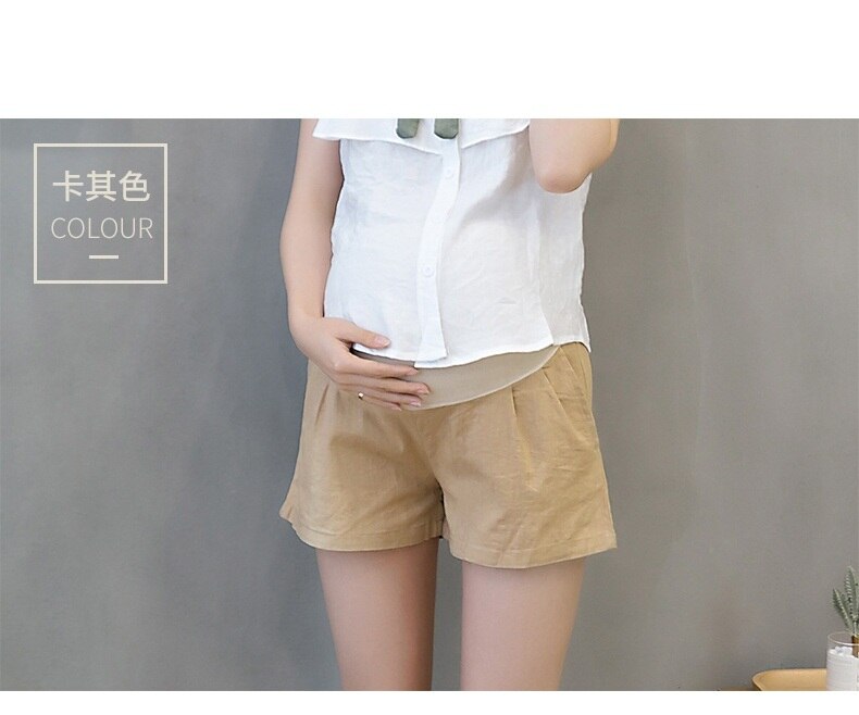 Short de maternité de , taille élastique, en coton et lin, vêtements pour femmes enceintes, pantalons courts de grossesse, tendance été: Kaki / L
