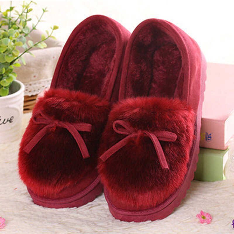 Vinter platå skor kvinnor utomhus hem tofflor kvinnlig vinter päls rutschbanor hus sandaler fuzzy tofflor dam söta rosett loafers: Lila röd / 36