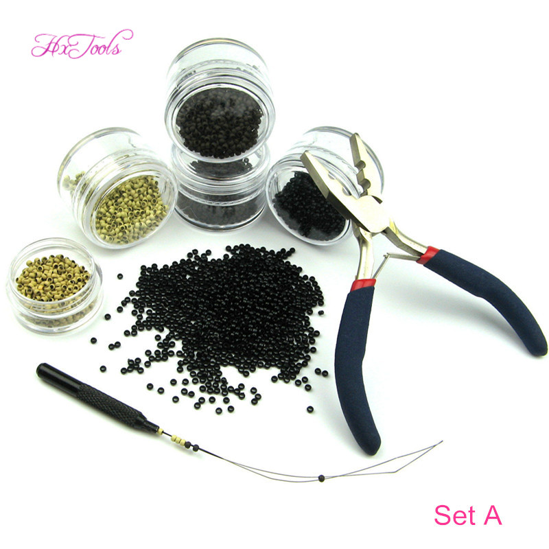 Hair Extension Tools Kits 1 Set Nano Micro Rings Beads + Application Tools LOOP + 2 Hole Hair PLIERS)