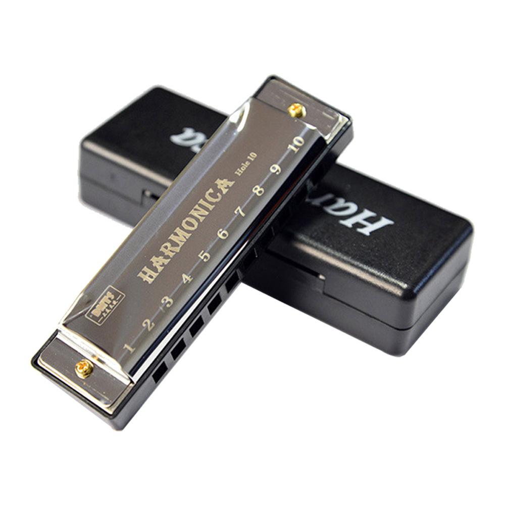 10 Holes Key of C Blues Harmonica Musical Instrument Educational Toy with Case: Silver