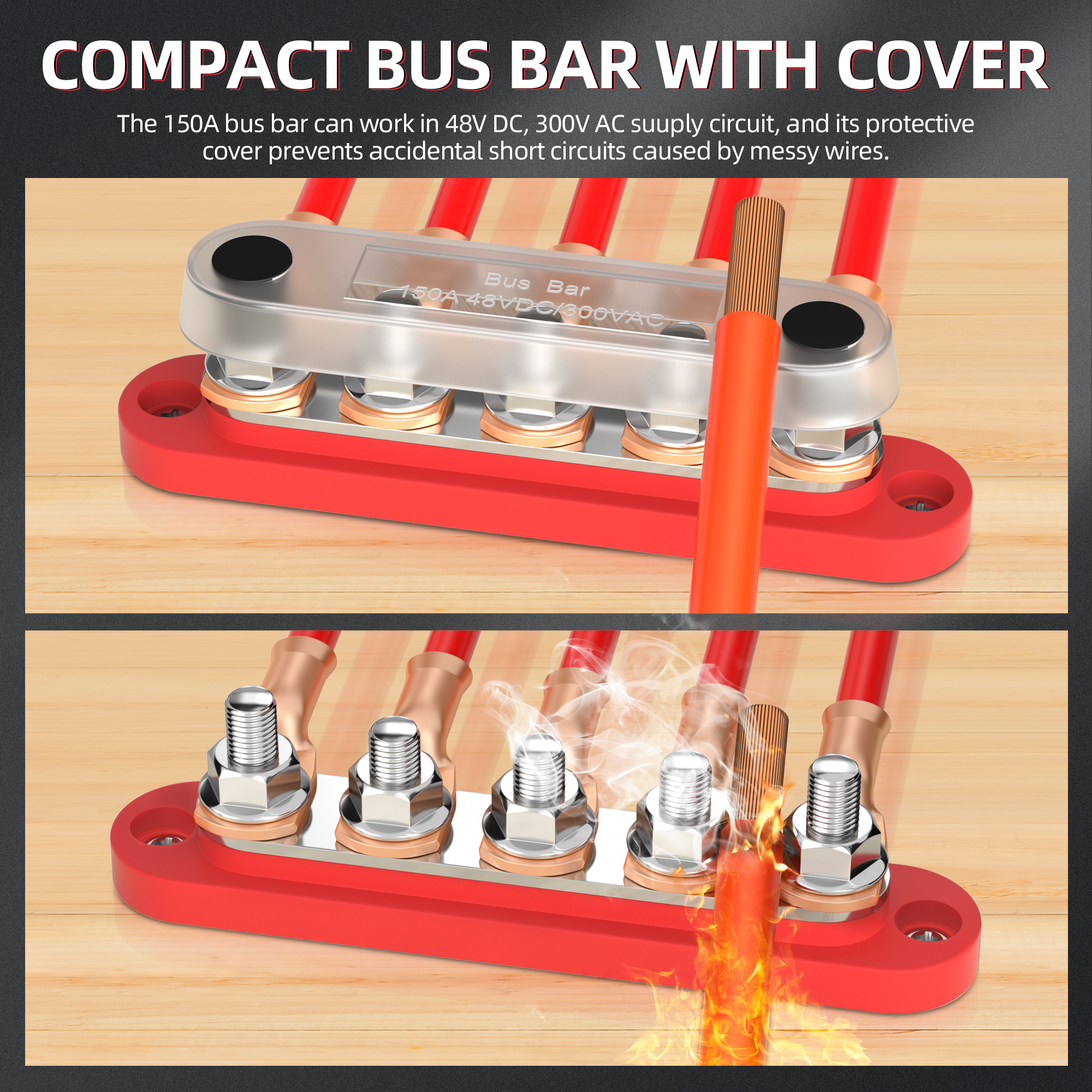 DaierTek Bus Bar 12V Power Distribution Block with Cover 5 x 1/4" Studs Terminal Block Max 150A 48VDC Positive Negative for Auto