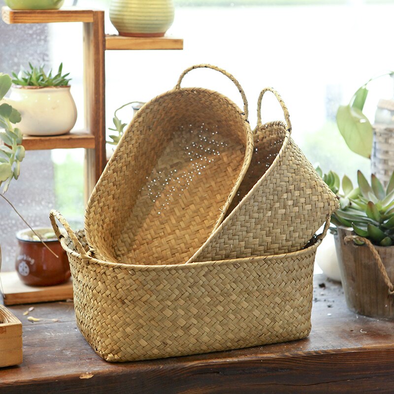 WHISM Handmade Woven Storage Basket Straw Food Picnic Basket Container Makeup Organizer Rattan Bread Fruit Holder Wicker Basket