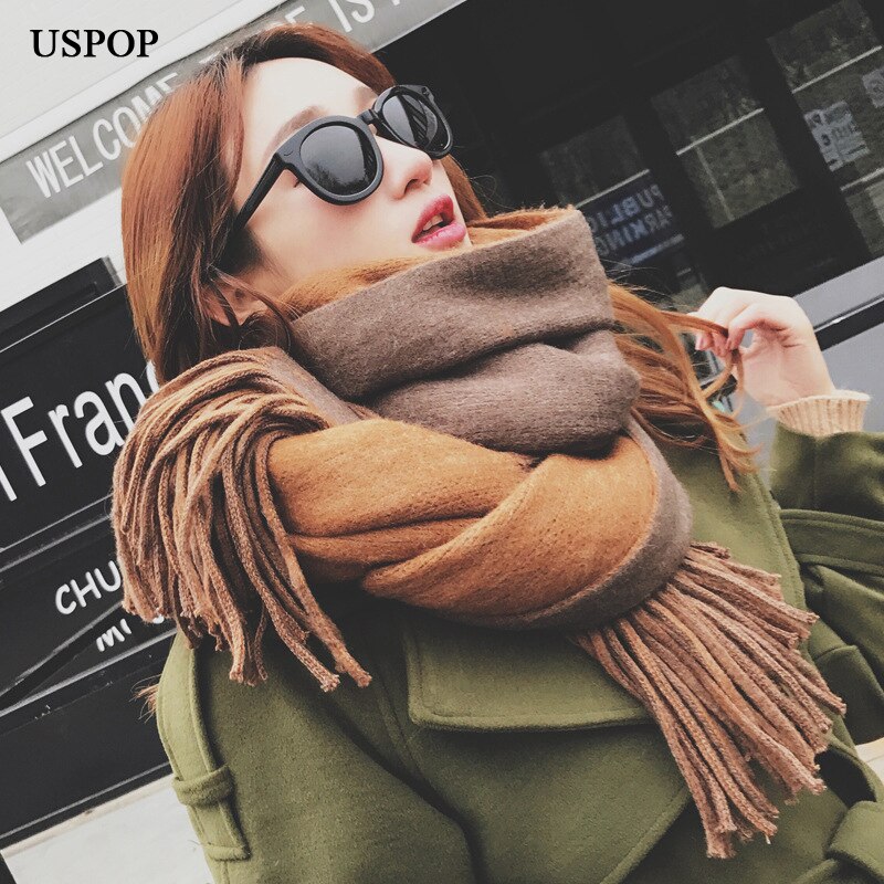 Uspop Winter Sjaal Lange Vrouwen Sjaals Vrouwelijke Dikke Warme Kwastje Sjaal Zachte Grote Wraps Pashmina Gemengde Kleur Sjaal