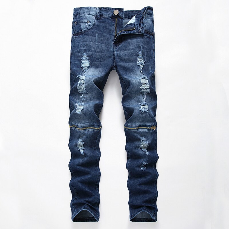 Men Straight Dark Blue Street Trendy Men's Jeans Ripped Jeans Printed Ripped Cotton Jeans