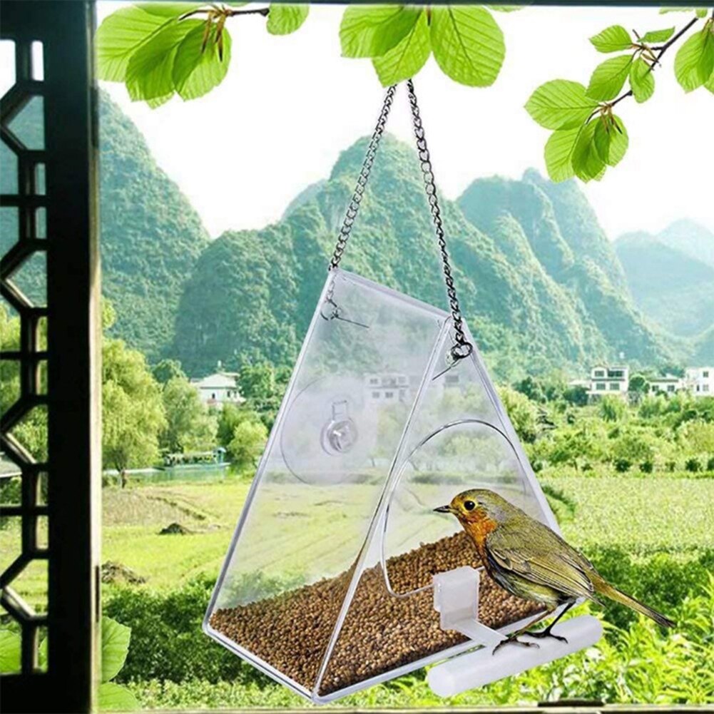 Transparent Acrylic Bird Feeder Bird Food Seed Holder Container Triangular Hanging Suction Clear Viewing Bird Cage Box