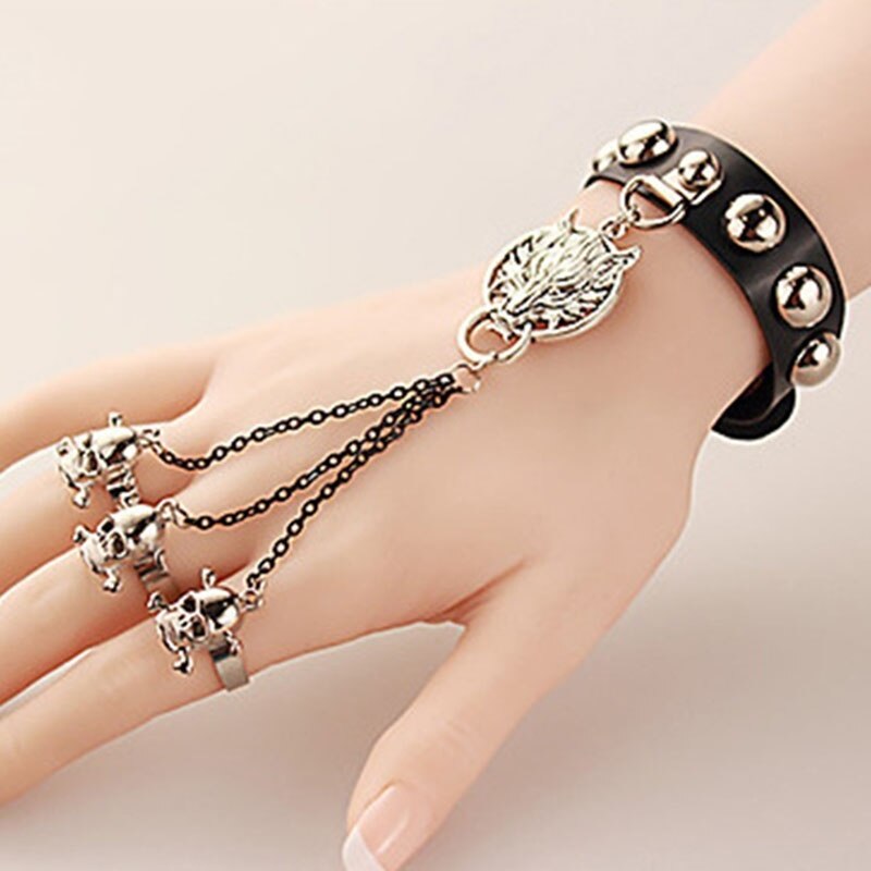 Smarte smykker gotisk kranium ulv håndkæder læderarmbånd håndfingre ringarmbånd (størrelse: enkelt, farve: sort)