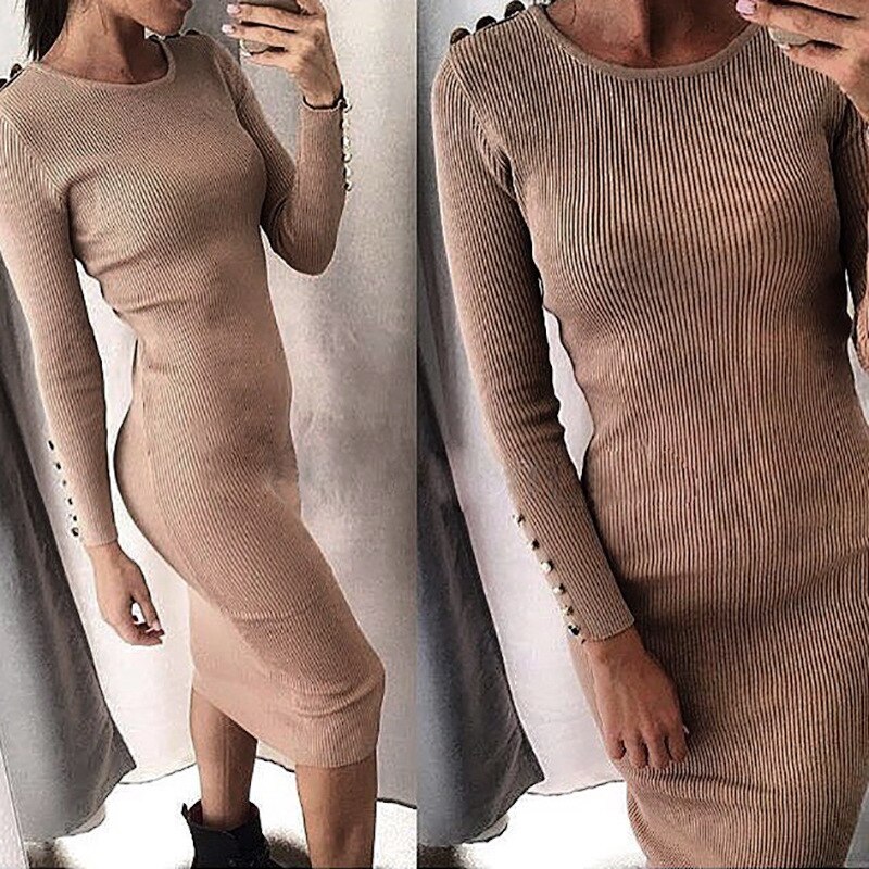 Elegante Herfst Winter Gebreide Jurk Vrouwen Knoppen Bodycon Jurken Vestdos Solid Lange Mouwen Pakket Hip Party Jurken Robe GV420: Khaki / XL