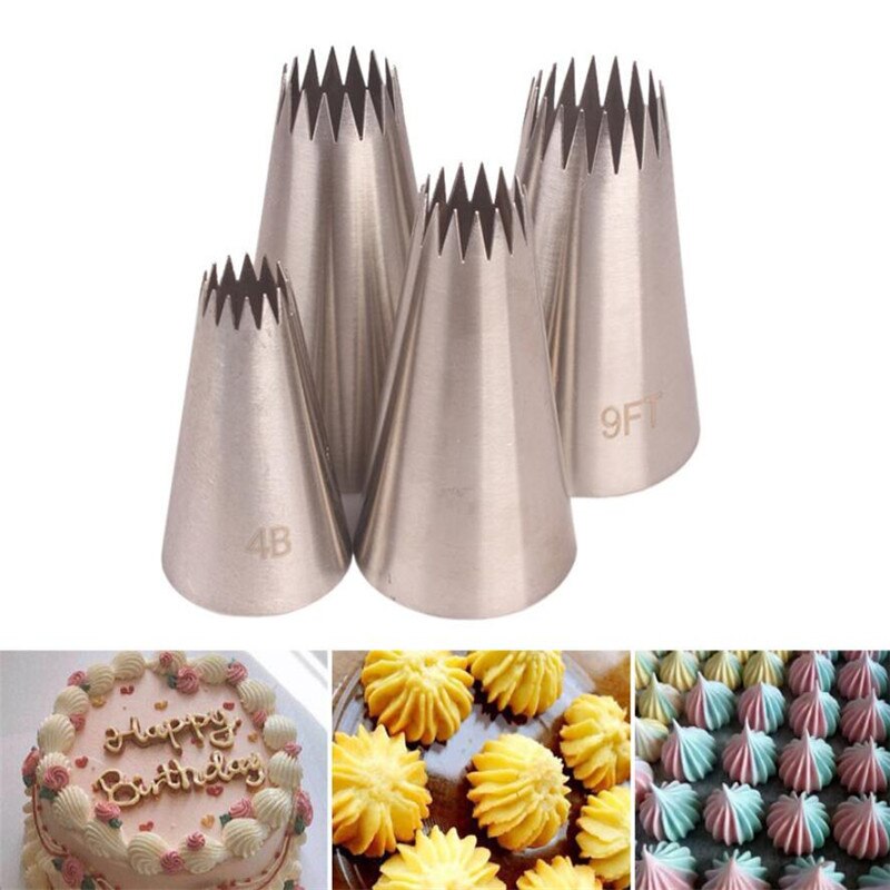 4 Stks/set Grote Icing Piping Nozzles Voor Decorating Cake Bakken Cookie Cupcake Piping Nozzle Rvs Pastry Tips # 4B # 9FT