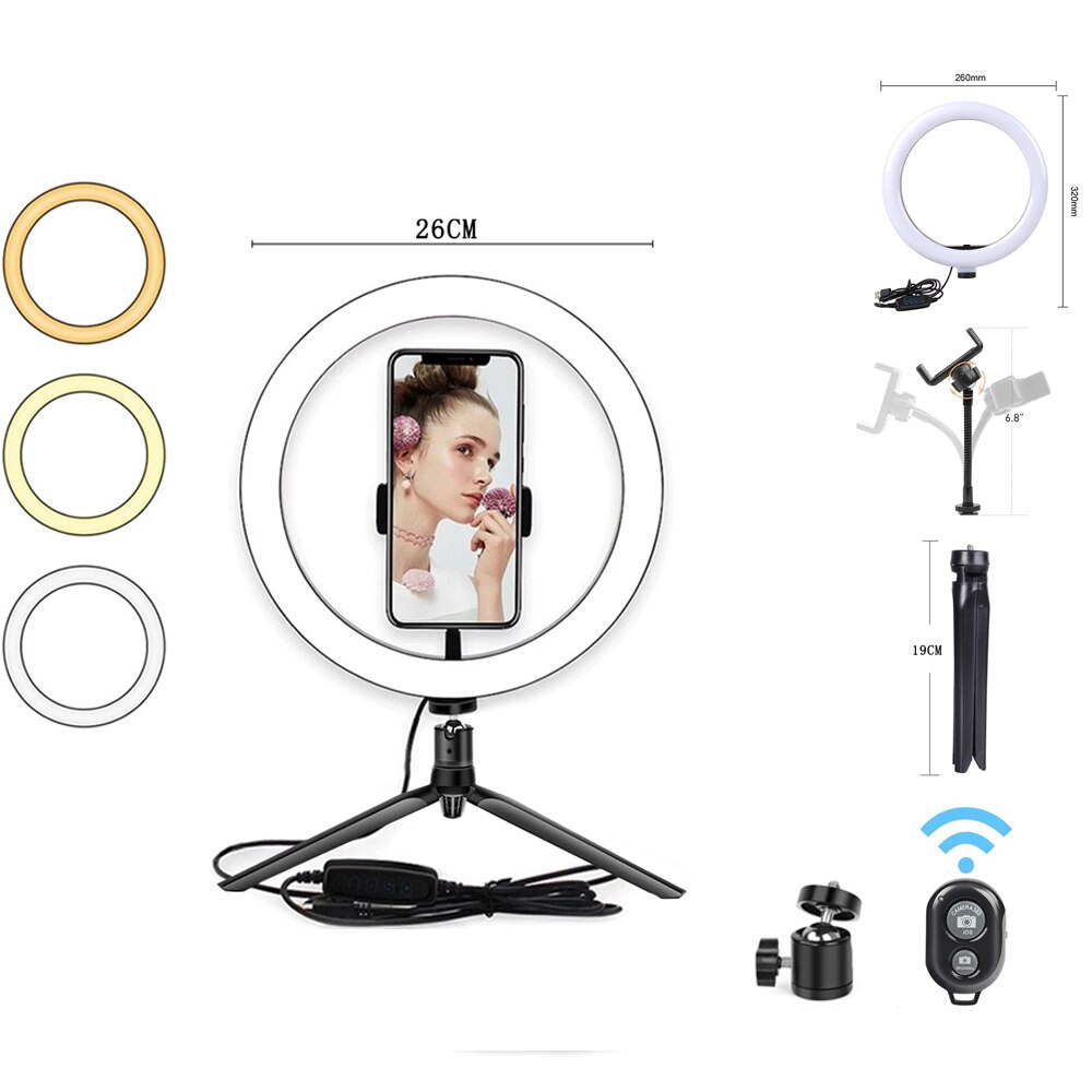 10 "ledet selfie ring lys trepied dæmpbar lampe telefon stativ holder cirkel fyld lys makeup fotografering desktop ringlys stativ: Brun