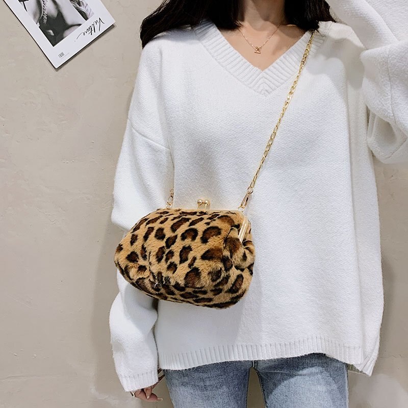 Luipaard Patroon Koppelingen Zak Winter Warm Pluche Avondtassen Vrouwen Messenge Tas Dames Party Handtassen Bolsas