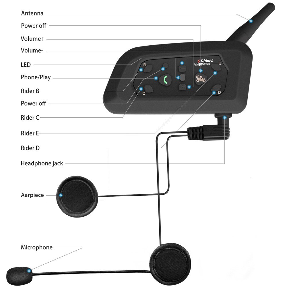 EU R6/E6/V6 Helmet Intercom 6 Riders 1200M Motorcycle Bluetooth Intercom Headset Walkie Talkie Helmet BT Interphone/Vnetphone