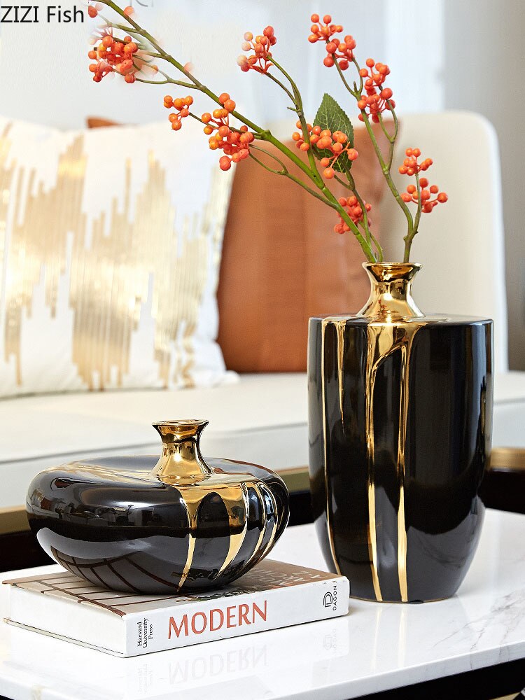 Svart guld keramik vas blommor kruka blomsterarrangemang skrivbord dekoration hantverk glasyr porslin vaser blommig heminredning modern