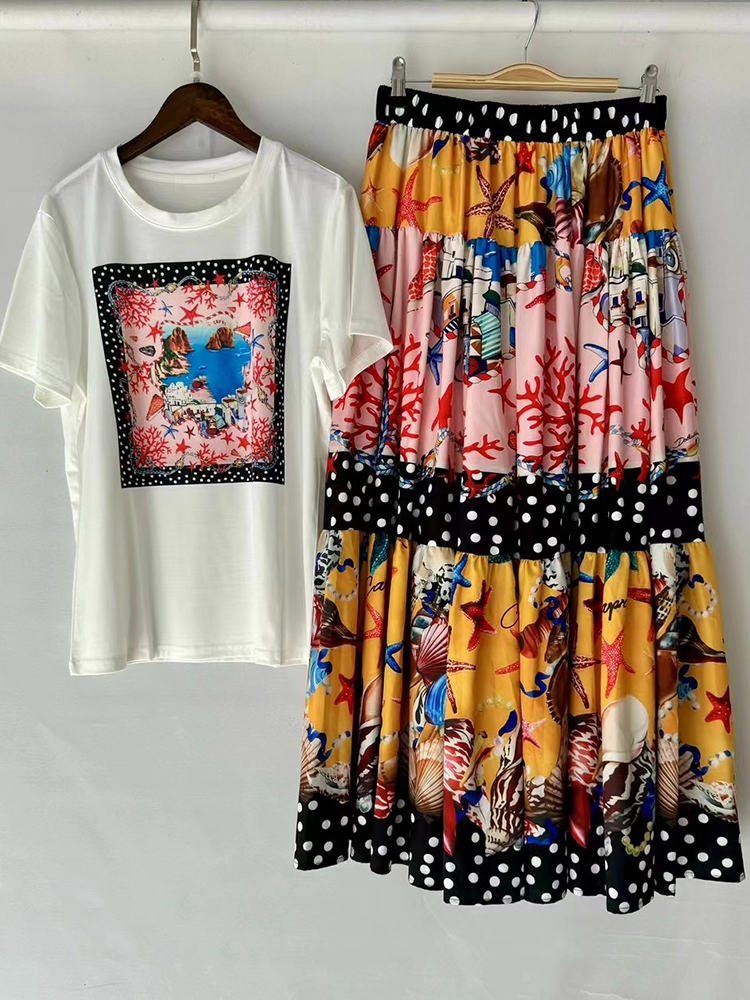 Retro sommer neue rundhals kurzarm geometrische druck T-shirt + elastische taille große schaukel rock frauen zwei-stück anzug: M / green