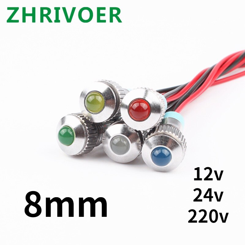 1Pcs 8Mm 6V 12V 24V 220V Bolle Hoofd Led Metalen Lampje 8Mm waterdichte Signaal Lamp Met Draad Rood Geel Blauw Groen Wit