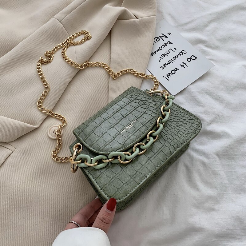 Stone pattern Mini Tote bag Summer PU Leather Women's Handbag Chain Shoulder Messenger Bag: 19 CM Green