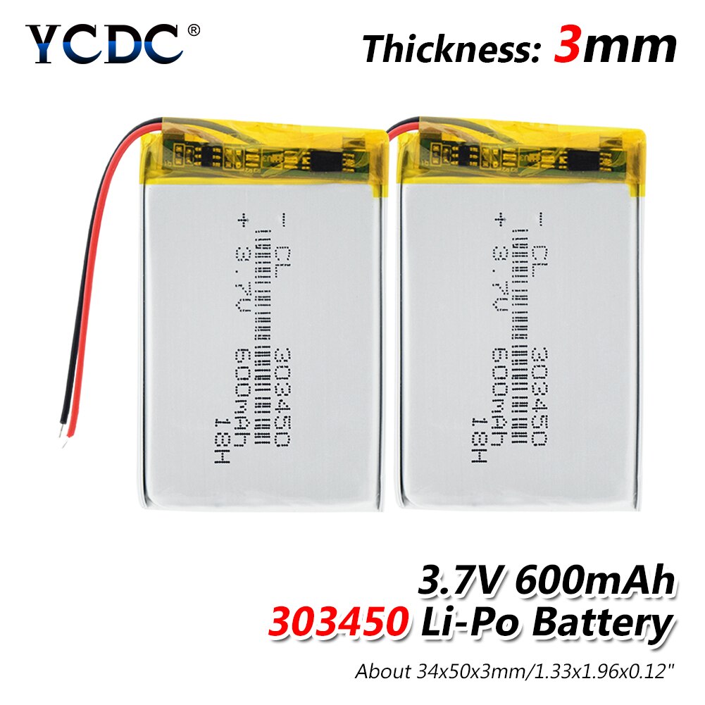 3.7V,600mAH 303450 303550 PLIB polymer lithium ion / Li-ion Rechargeable battery for dvr,GPS,mp3,mp4,E-book, LED light,speaker: 2 Pieces