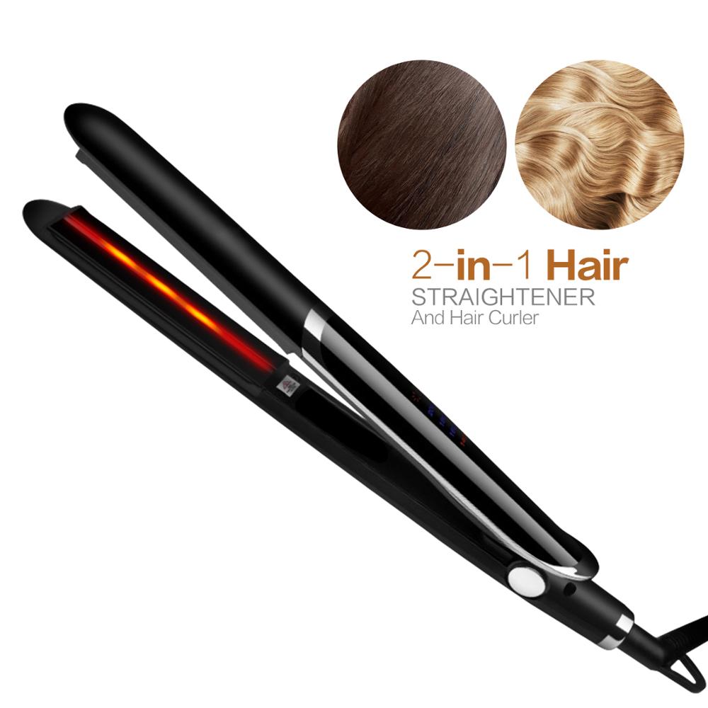 Plancha de pelo de hierro plano 2 en 1 Plancha de cerámica plancha alisadora de pelo Herramienta de Peinado infrarroja