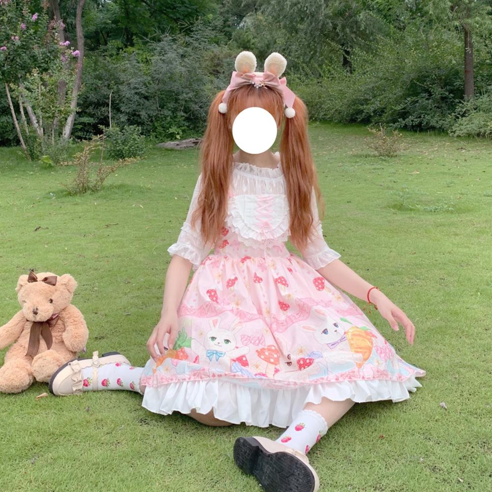 Kawaii japansk original lolita flicka lolita svamp kanin spets söt ärmlös klänning